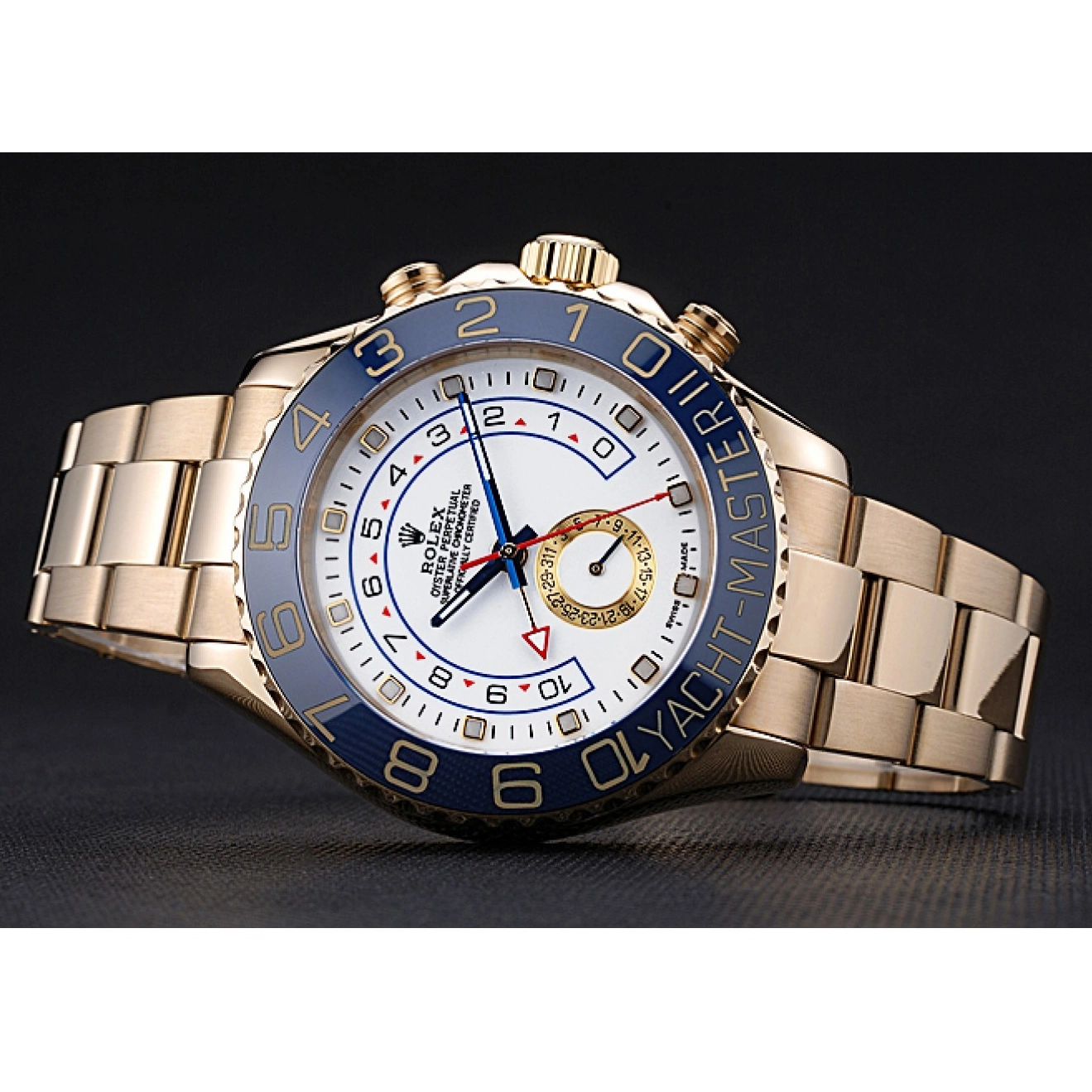Aaa replica Yachtmaster Dial II Rolex Blue Bezel White 622271 Bracelet Gold 0603
